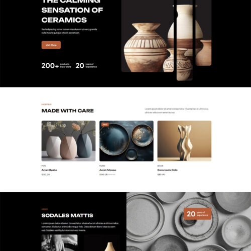 ITM-003-00 Homepage of Pottery WooCommerce site — artistic WordPress design with dark-and-white layout, bold filters, and handmade product focus