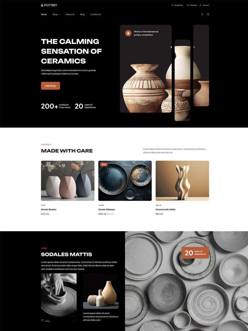 ITM-003-00 Homepage of Pottery WooCommerce site — artistic WordPress design with dark-and-white layout, bold filters, and handmade product focus