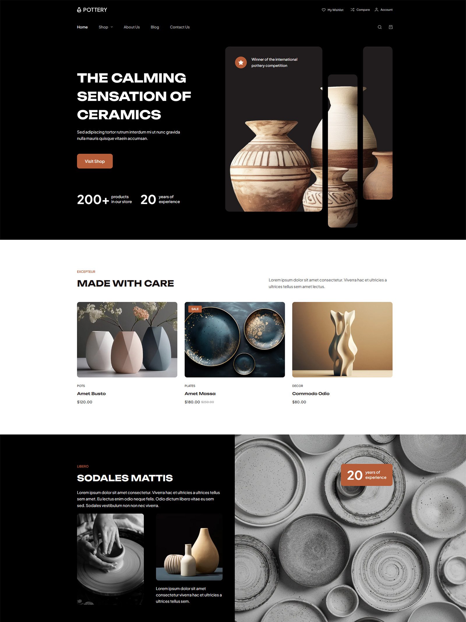 ITM-003-00 Homepage of Pottery WooCommerce site — artistic WordPress design with dark-and-white layout, bold filters, and handmade product focus