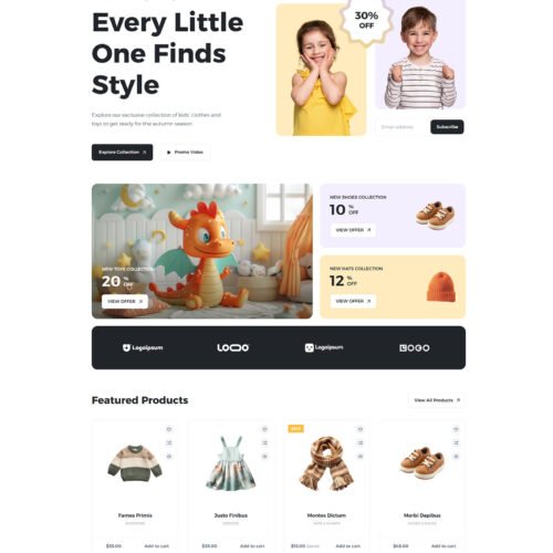 ITM-005-00 Homepage of Kiddy WooCommerce store — ready-made WordPress website for baby clothes and kids’ products