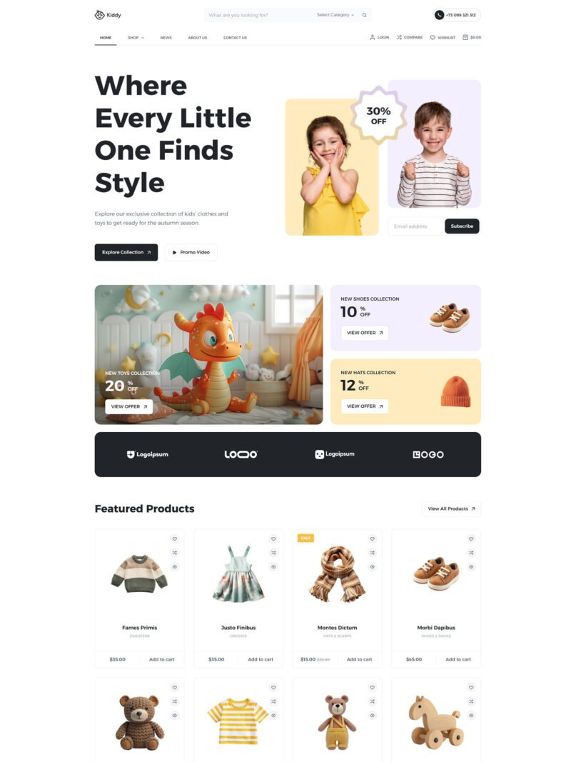 ITM-005-00 Homepage of Kiddy WooCommerce store — ready-made WordPress website for baby clothes and kids’ products