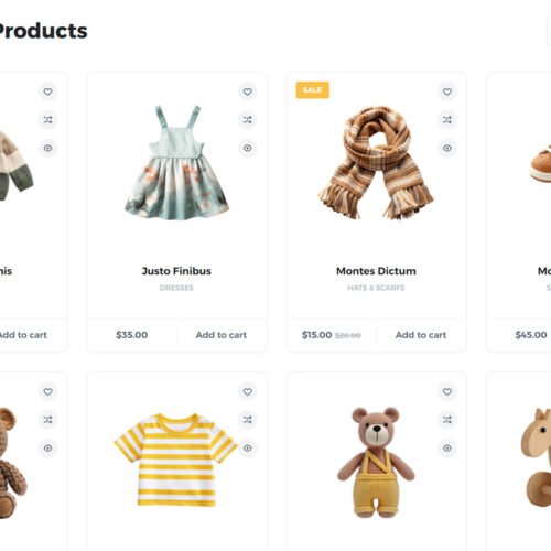 ITM-005-02 Product catalog layout with filters by color and size — e-commerce site for children's fashion and toy shops