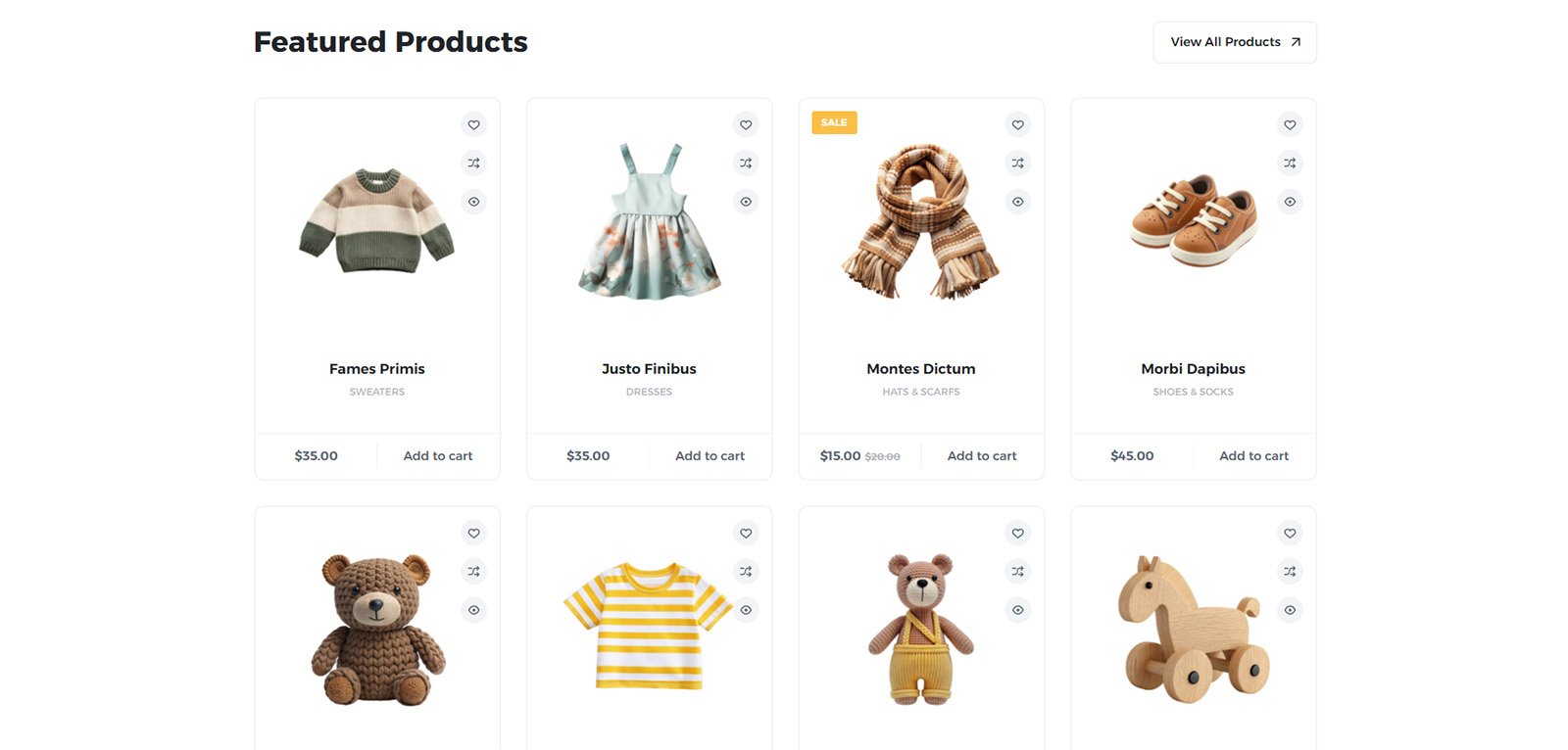 ITM-005-02 Product catalog layout with filters by color and size — e-commerce site for children's fashion and toy shops