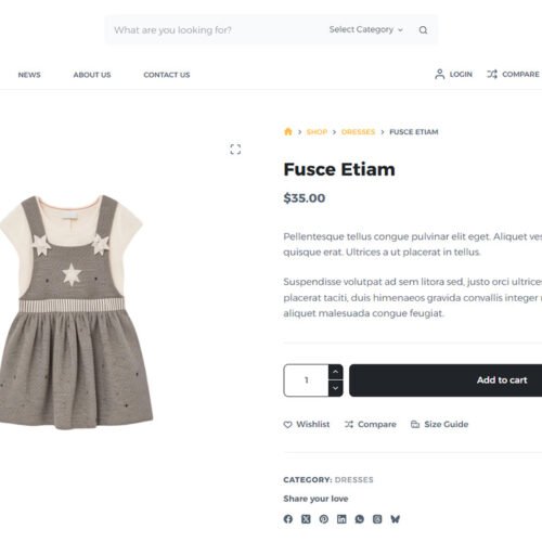 ITM-005-04 Product detail page with image, description, size guide, and wishlist — SEO optimized layout for children’s e-commerce site