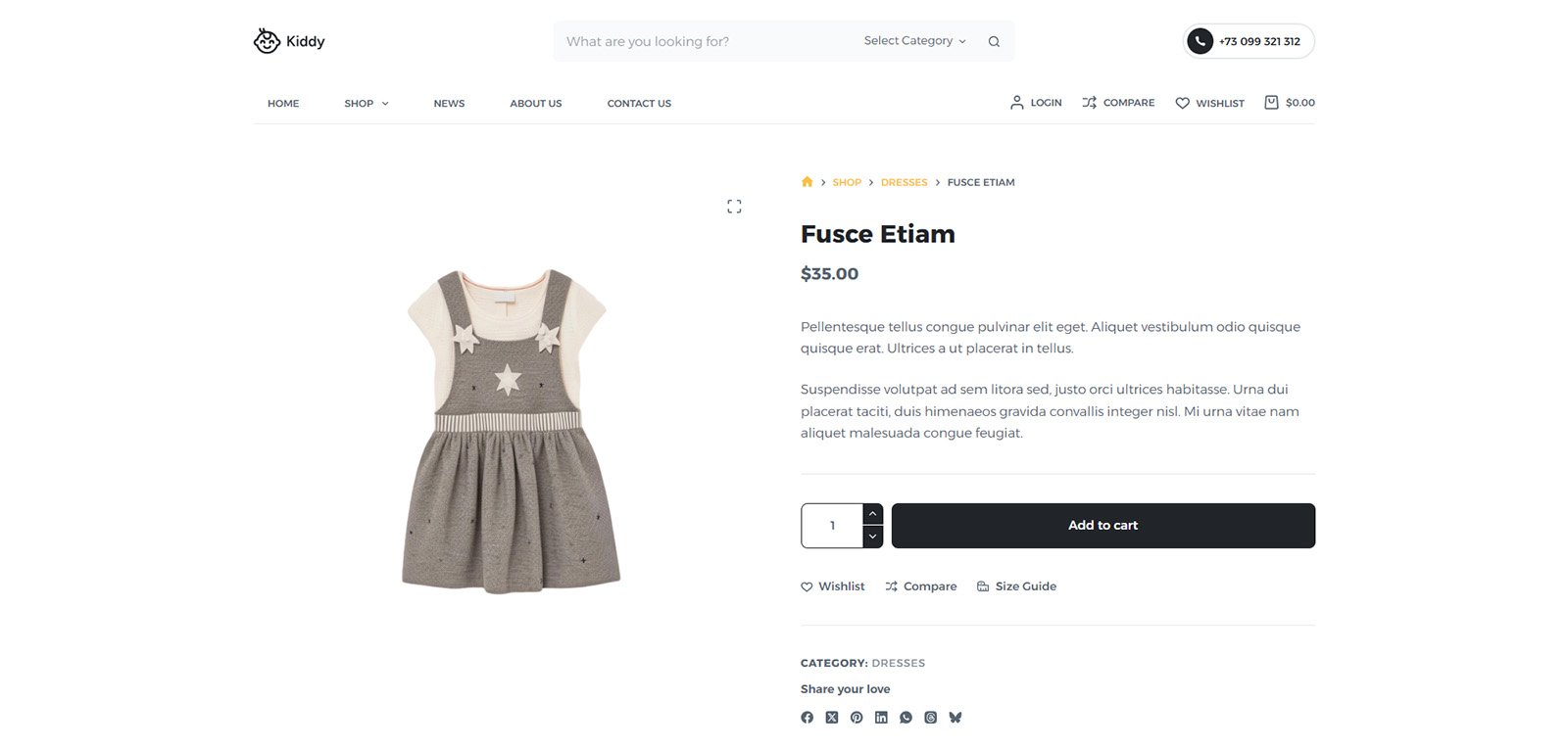 ITM-005-04 Product detail page with image, description, size guide, and wishlist — SEO optimized layout for children’s e-commerce site