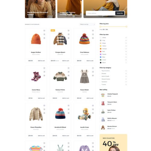 ITM-005-05 Shop page with promotional banners and new arrivals — modern online store template for baby apparel brands