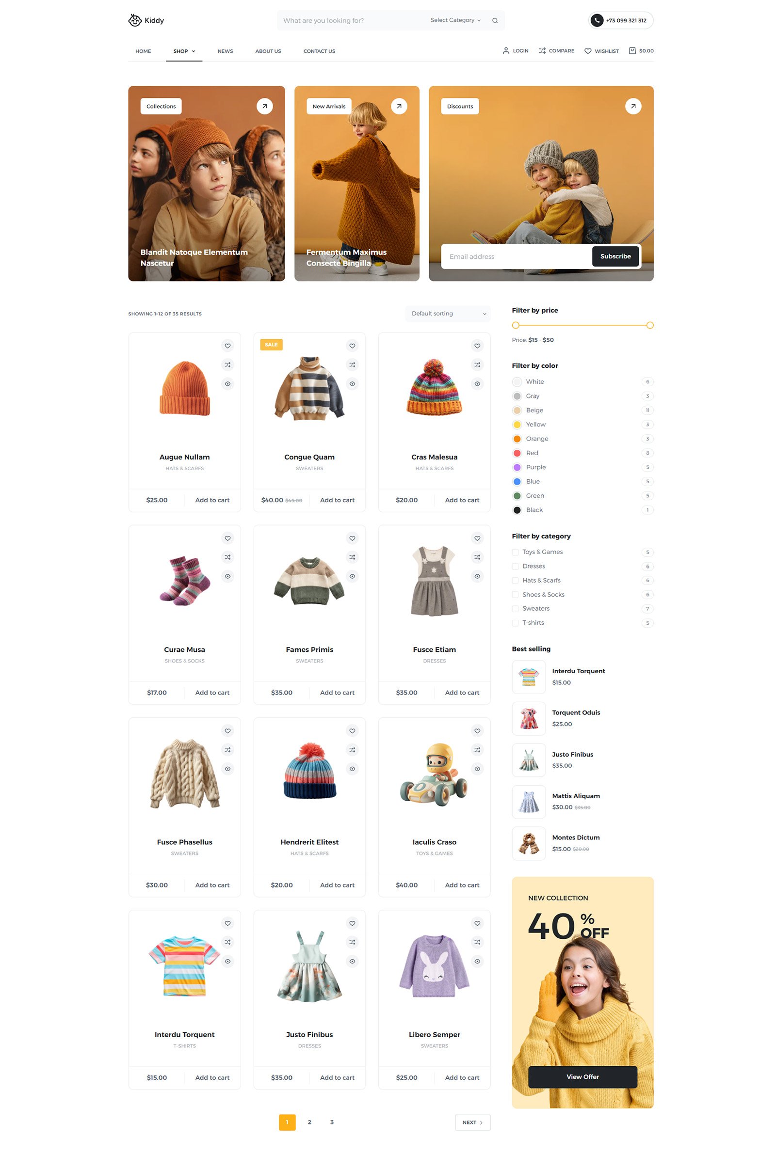 ITM-005-05 Shop page with promotional banners and new arrivals — modern online store template for baby apparel brands