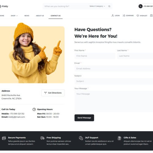 ITM-005-06 Contact page section with clean design — easy-to-edit WooCommerce website for children’s product sellers