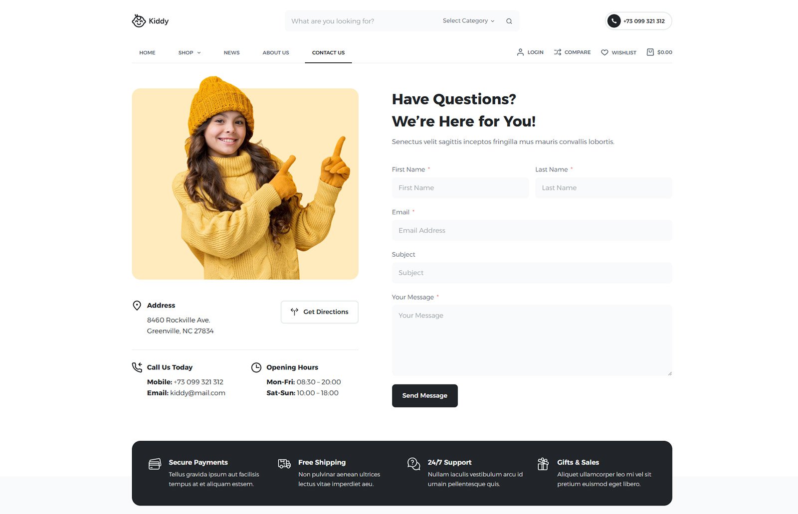 ITM-005-06 Contact page section with clean design — easy-to-edit WooCommerce website for children’s product sellers