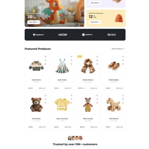 ITM-005-07 Homepage of Kiddy WooCommerce store — ready-made WordPress website for baby clothing, toys, and kids’ lifestyle brands