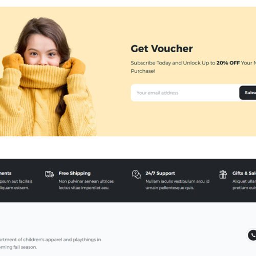 ITM-005-09 Kiddy homepage with call-to-action for newsletter signup — SEO optimized WordPress website for baby and kids shop