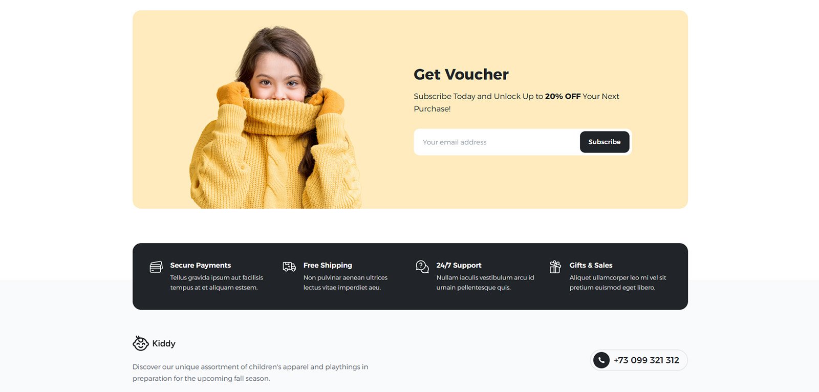 ITM-005-09 Kiddy homepage with call-to-action for newsletter signup — SEO optimized WordPress website for baby and kids shop
