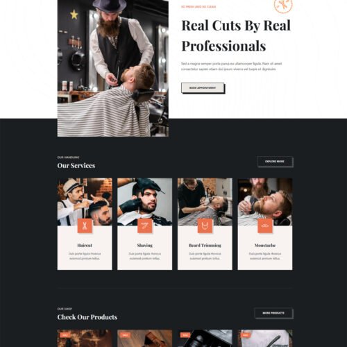ITM-006-00 Homepage of Barber Shop WordPress site — ready-made WooCommerce design for barbershops and grooming services