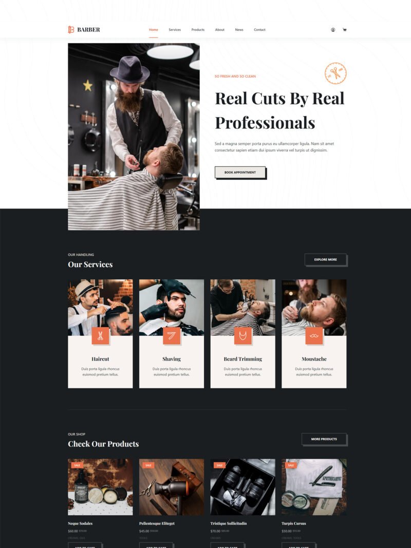 ITM-006-00 Homepage of Barber Shop WordPress site — ready-made WooCommerce design for barbershops and grooming services