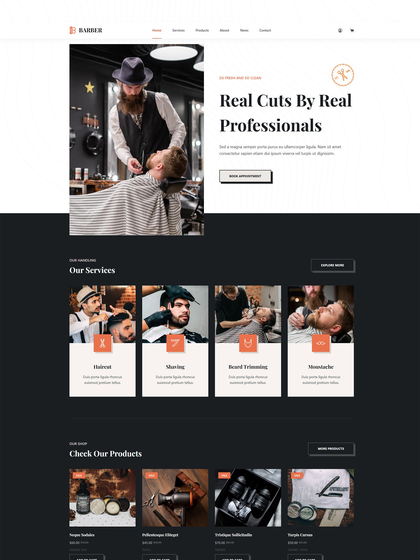 ITM-006-00 Homepage of Barber Shop WordPress site — ready-made WooCommerce design for barbershops and grooming services