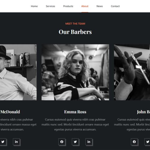 ITM-006-12 Team showcase block on About page — modern WooCommerce site highlighting barbers and grooming specialists
