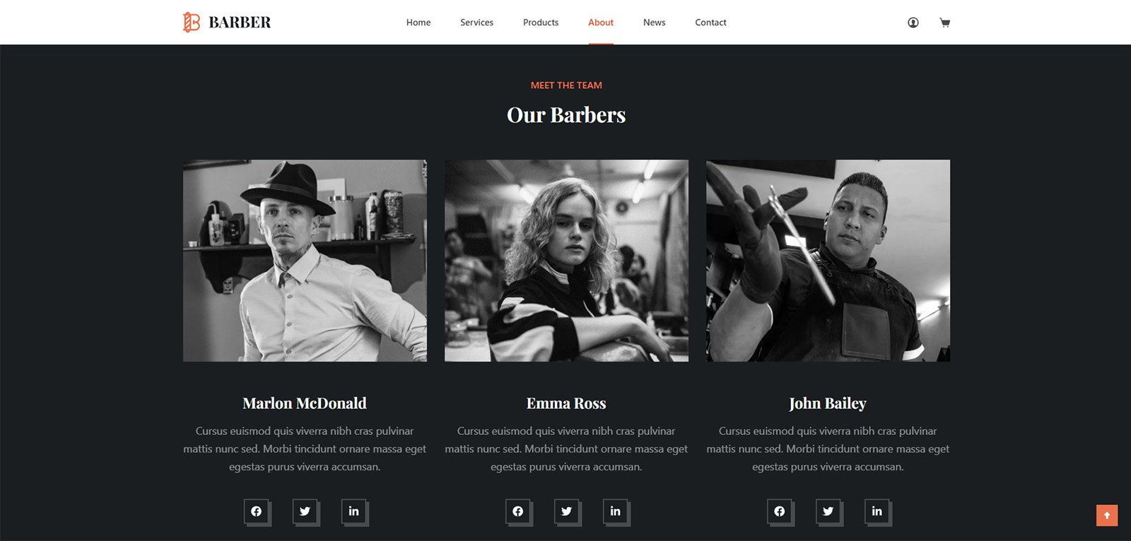 ITM-006-12 Team showcase block on About page — modern WooCommerce site highlighting barbers and grooming specialists