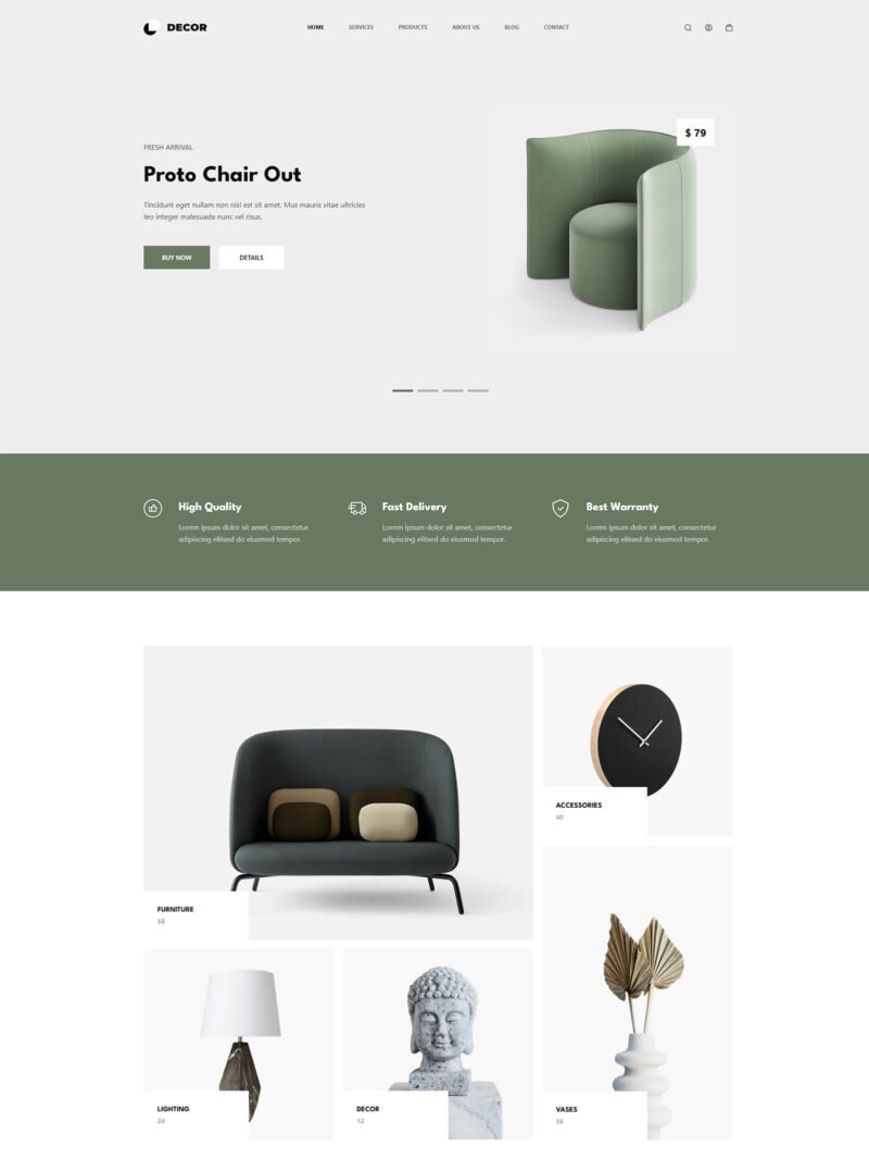 ITM-007-00 Homepage layout of Home Decor store — modern WordPress website with nude tones for lifestyle and interior brands