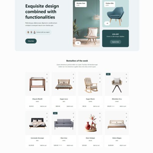 ITM-008-00 Homepage of Furniture WooCommerce website — pastel-toned WordPress layout with modern filters, built for interior and home goods brands