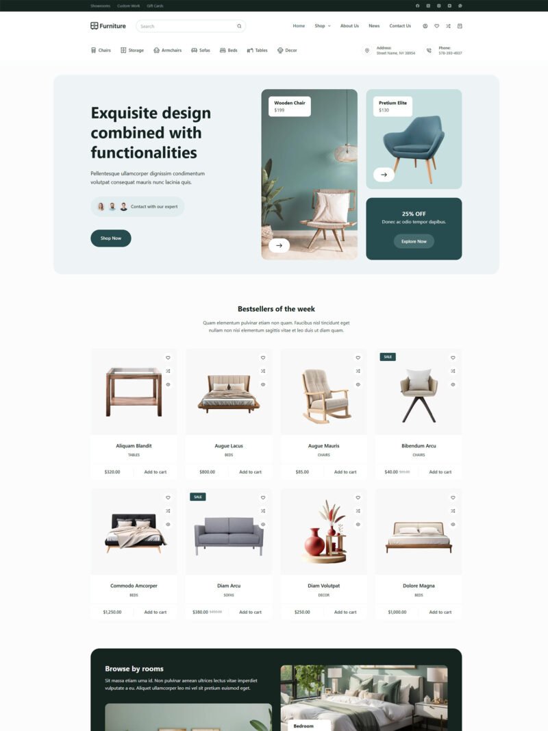 ITM-008-00 Homepage of Furniture WooCommerce website — pastel-toned WordPress layout with modern filters, built for interior and home goods brands