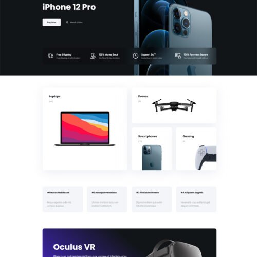 ITM-009-00 Homepage of Gadgets WooCommerce website — sleek black-and-white layout with tech-focused design and bold promotional banners