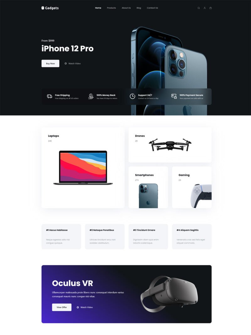 ITM-009-00 Homepage of Gadgets WooCommerce website — sleek black-and-white layout with tech-focused design and bold promotional banners