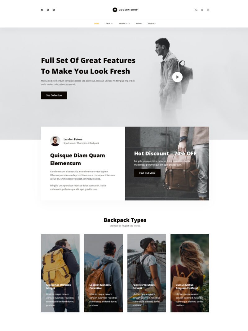 ITM-010-00 Homepage of Modern Shop WooCommerce site — minimalist WordPress layout with bright visuals, built for lifestyle and fashion brands