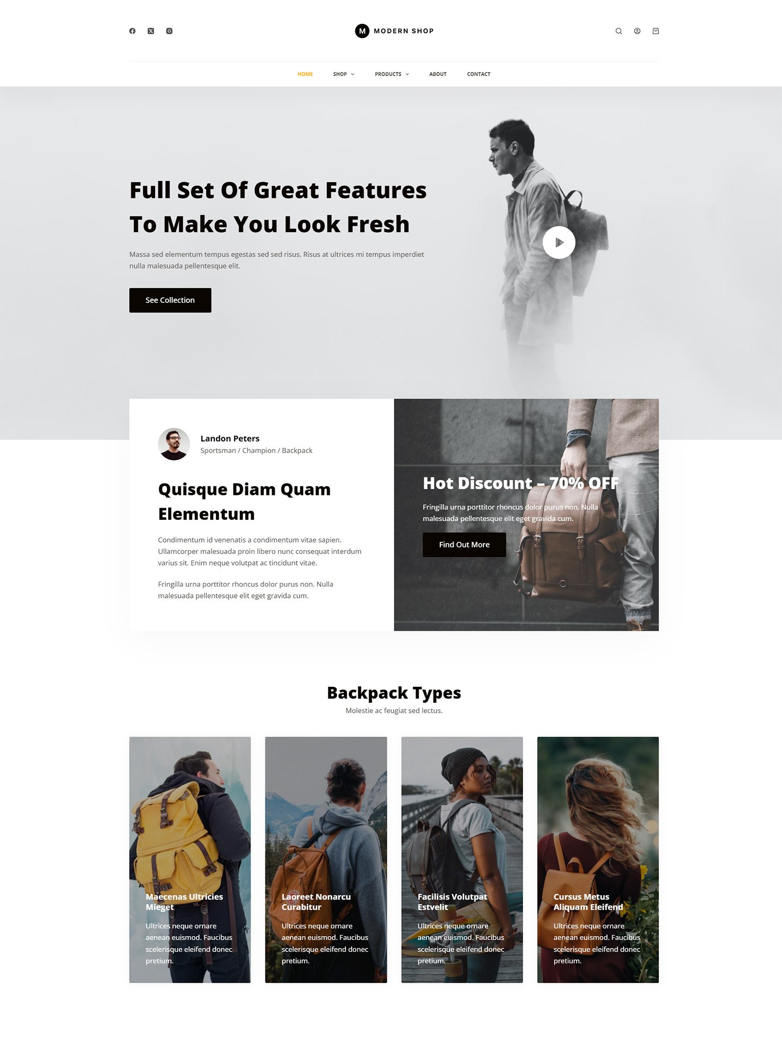 ITM-010-00 Homepage of Modern Shop WooCommerce site — minimalist WordPress layout with bright visuals, built for lifestyle and fashion brands