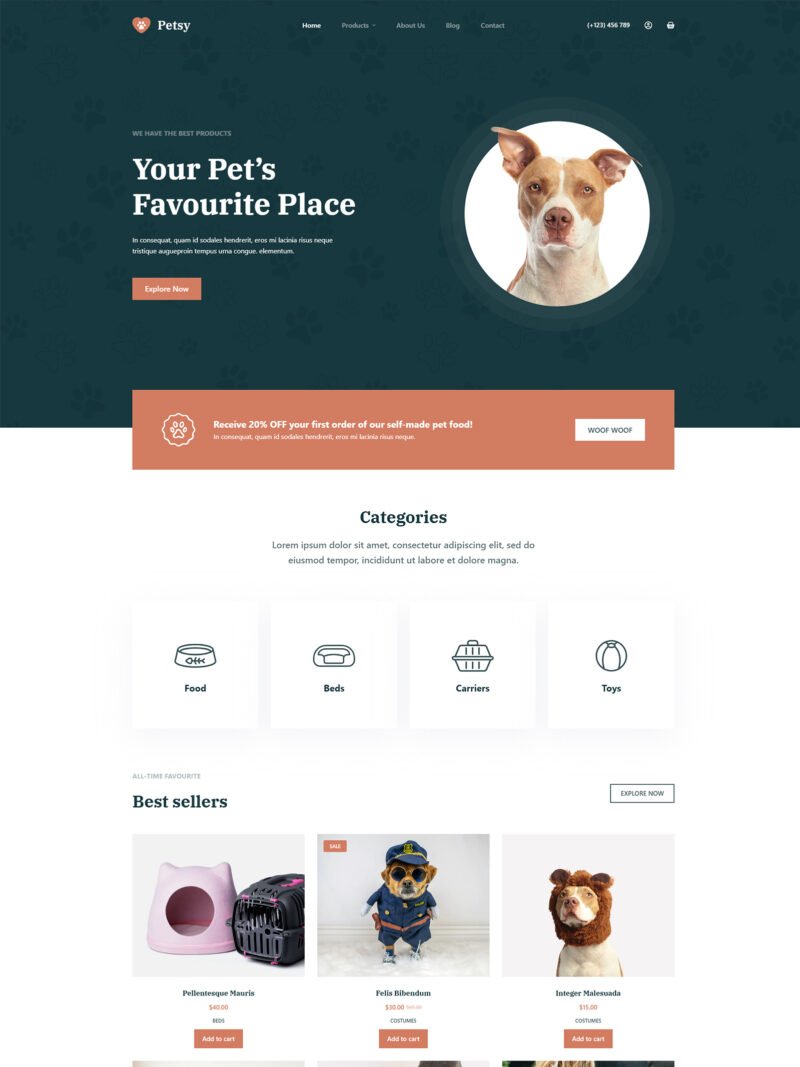 ITM-014-00 homepage layout of minimalist WooCommerce store for everyday essentials and pet products