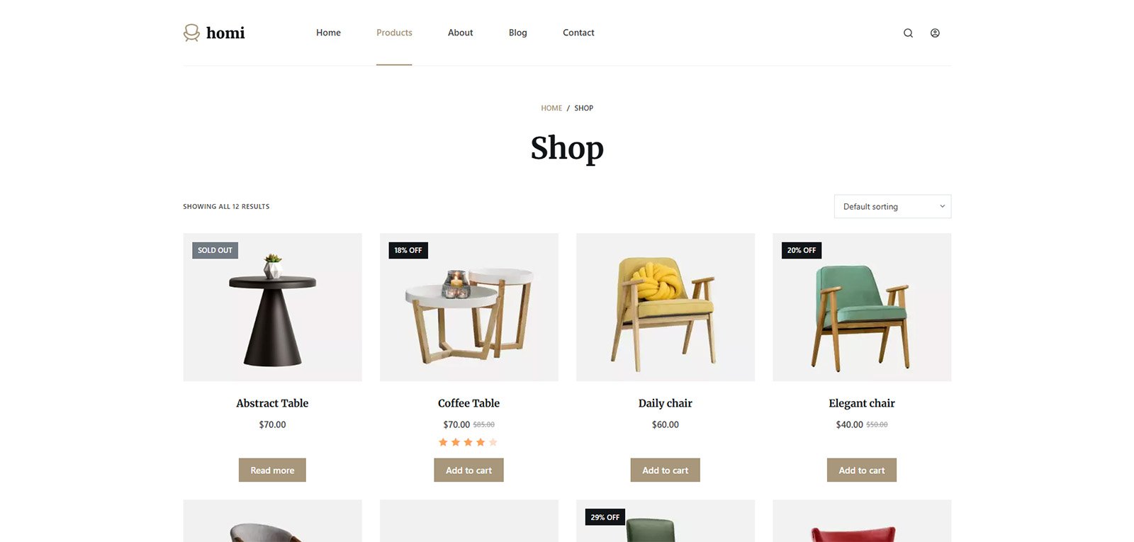 ITM-015-02 Online store section in Homi template with clean product catalog and filtering options