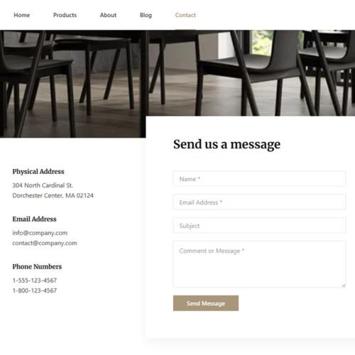ITM-015-06 Contact page with editorial-style layout in stylish WordPress e-commerce website