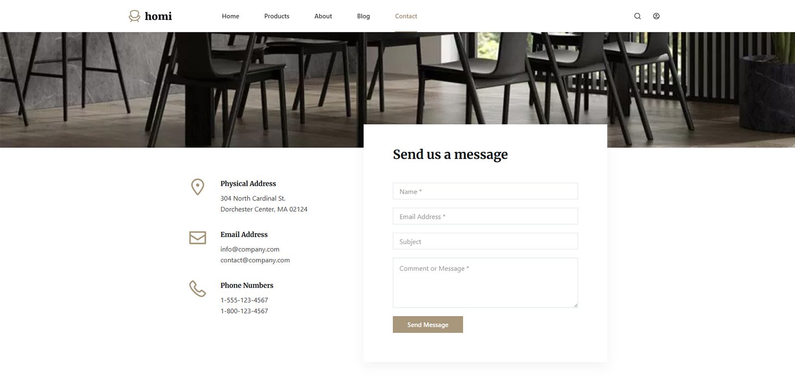 ITM-015-06 Contact page with editorial-style layout in stylish WordPress e-commerce website