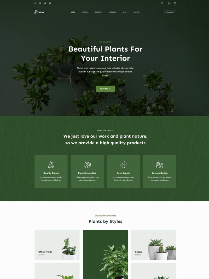 ITM-07-00 Homepage of Floreo WooCommerce website — WordPress store for sustainable and nature-inspired lifestyle brands